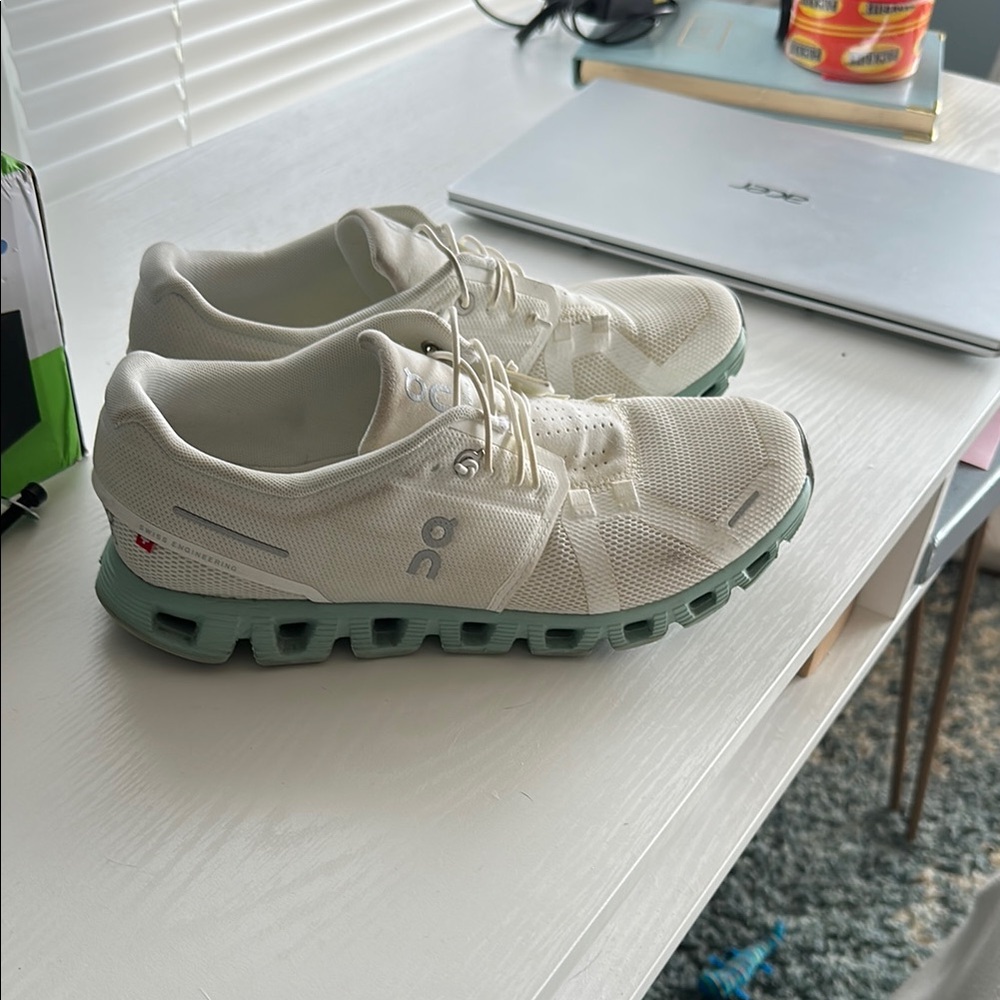 On Running White and Green Sneakers